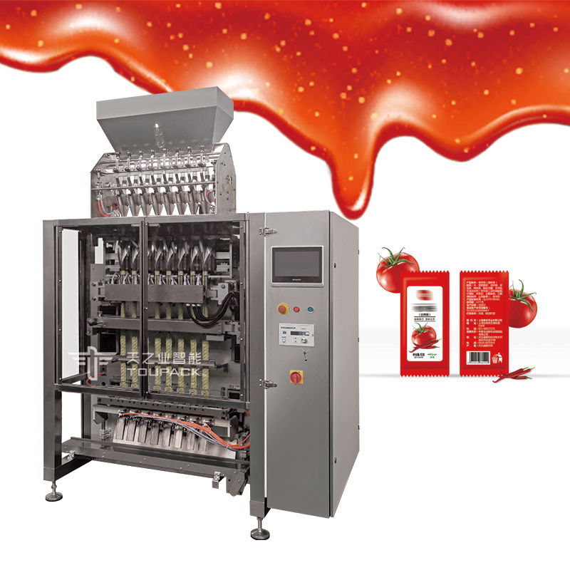 Machine d'emballage et de remplissage de ketchup Vffs entièrement automatique, machine d'emballage de sauce tomate en sachet à 4 côtés verticaux multi-pistes