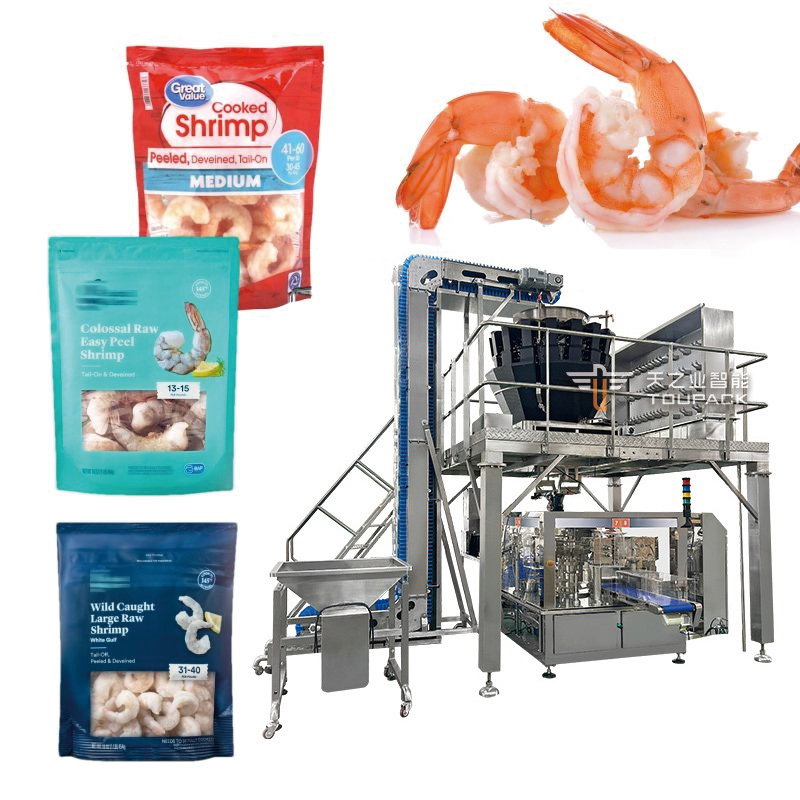 Machine d'emballage de sachets préfabriqués Doypack automatique pour crevettes surgelées, pilons de poulet et nuggets de poulet