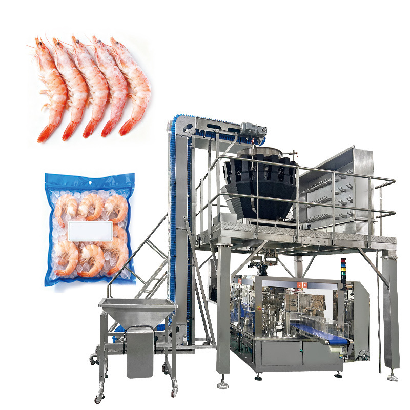 Machine d'emballage de sachets préfabriqués Doypack automatique pour crevettes surgelées, pilons de poulet et nuggets de poulet