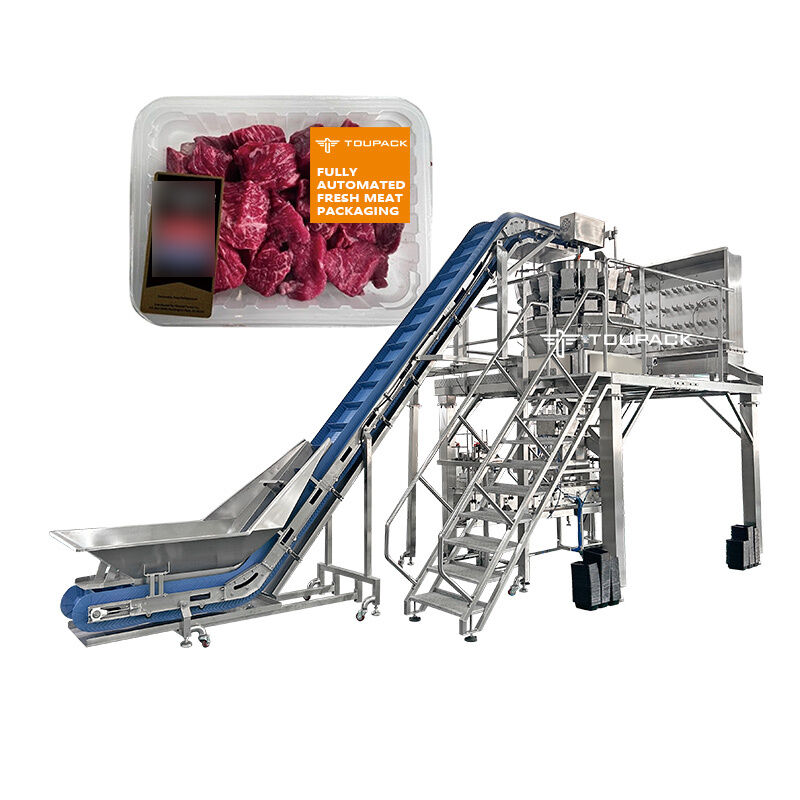 Ligne automatique de conditionnement de salades et de fruits avec peseuse associative et machine de scellage de plateaux pour plats cuisinés