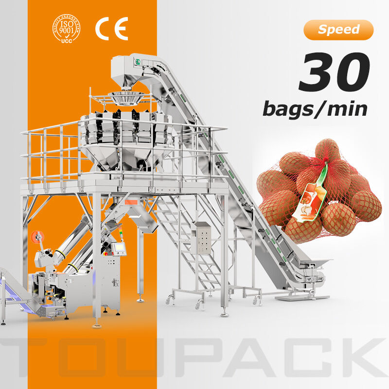 Ligne d'emballage de sacs industriels de carton à maille de pomme de terre avec sac de remplissage automatique de la balance et l'inserteur de balises