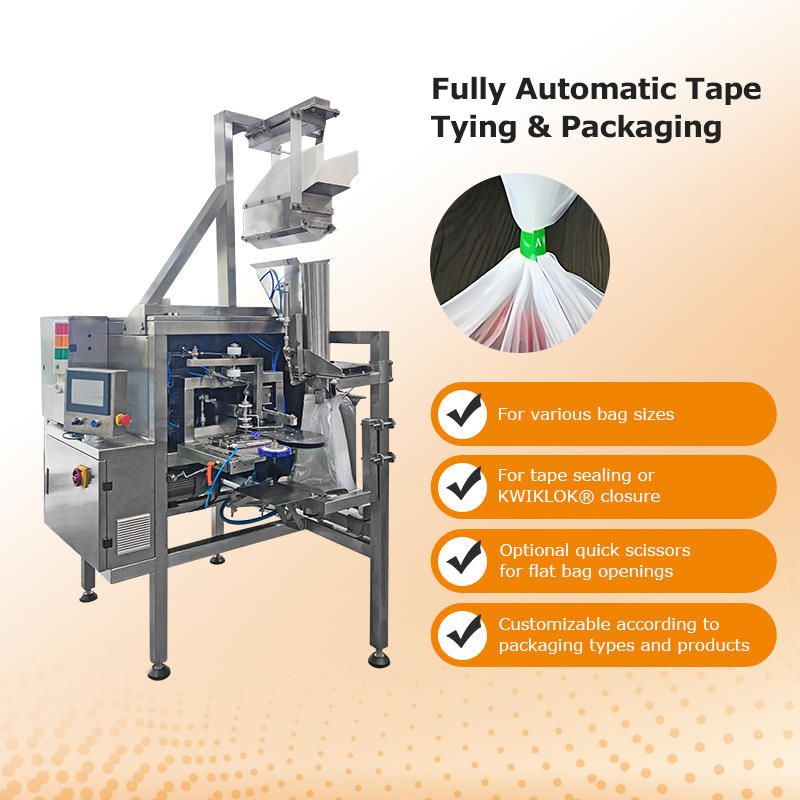 Machine de fermeture automatique de sacs pour emballage de fruits et légumes frais avec ruban adhésif ou système de fermeture à clip en plastique
